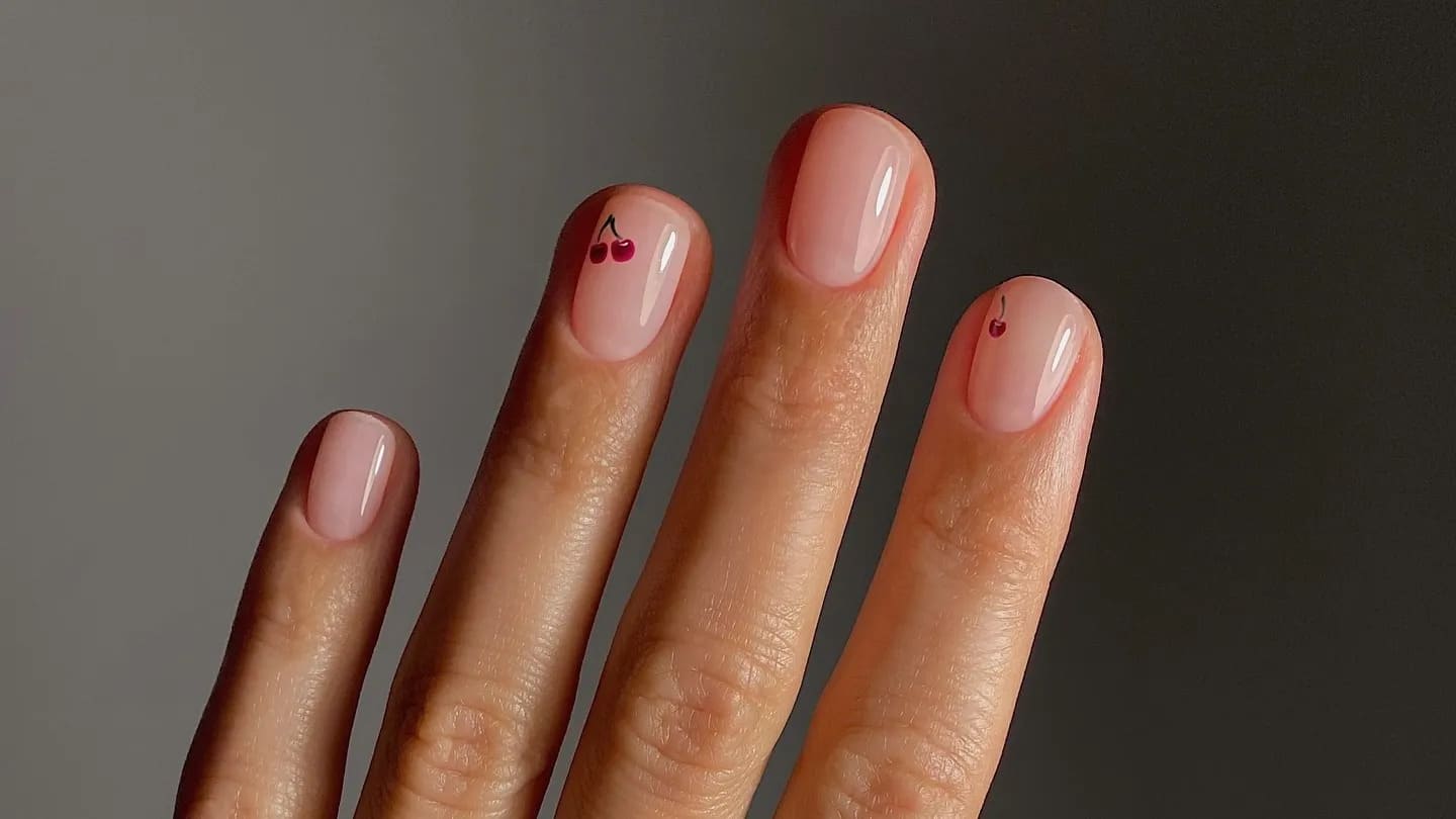 Korte, blanke negler i nude og rosa med små kirsebær